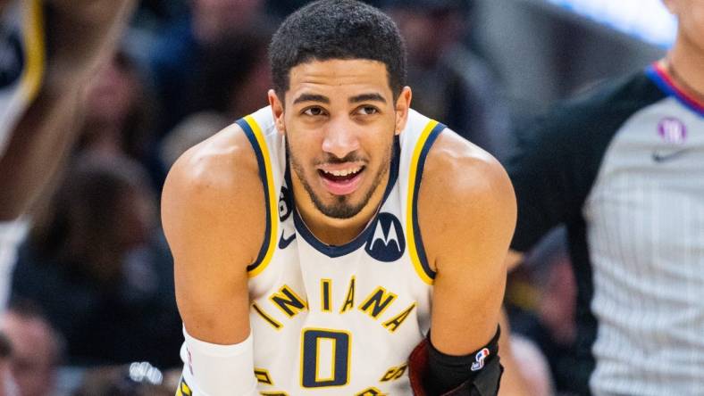 Feb 5, 2023; Indianapolis, Indiana, USA; Indiana Pacers guard Tyrese Haliburton (0) in the second half against the Cleveland Cavaliers at Gainbridge Fieldhouse. Mandatory Credit: Trevor Ruszkowski-USA TODAY Sports