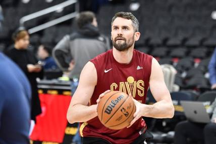 Feb 6, 2023; Washington, District of Columbia, USA; Cleveland Cavaliers forward Kevin Love (0) warms up before the game between the Washington Wizards and the Cleveland Cavaliers at Capital One Arena. Mandatory Credit: Brad Mills-USA TODAY Sports