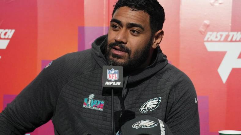 Feb 6, 2023; Phoenix, AZ, USA; Philadelphia Eagles offensive tackle Jordan Mailata (68) speaks with media during Super Bowl Opening Night at Footprint Center. Mandatory Credit: Joe Camporeale-USA TODAY Sports