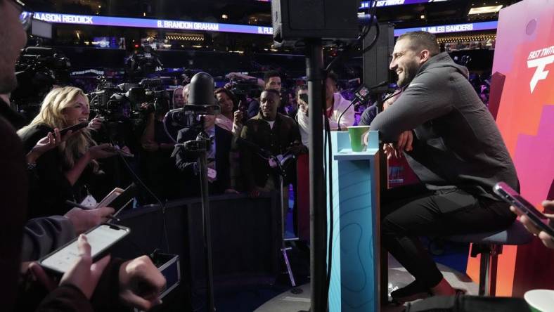 Feb 6, 2023; Phoenix, Ariz., U.S.;  Philadelphia Eagles head coach Nick Sirianni answers questions during Super Bowl Opening Night at Footprint Center. Mandatory Credit: Michael Chow-Arizona Republic