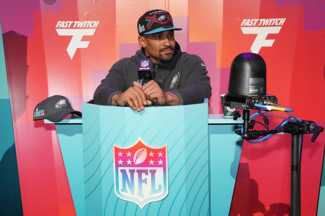 Feb 6, 2023; Phoenix, AZ, USA; Philadelphia Eagles quarterback Jalen Hurts (1) speaks with media during Super Bowl Opening Night at Footprint Center. Mandatory Credit: Kirby Lee-USA TODAY Sports