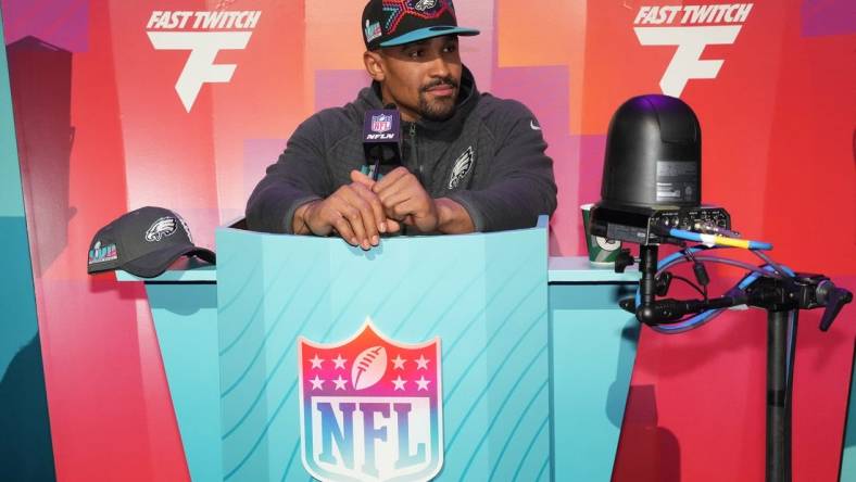 Feb 6, 2023; Phoenix, AZ, USA; Philadelphia Eagles quarterback Jalen Hurts (1) speaks with media during Super Bowl Opening Night at Footprint Center. Mandatory Credit: Kirby Lee-USA TODAY Sports