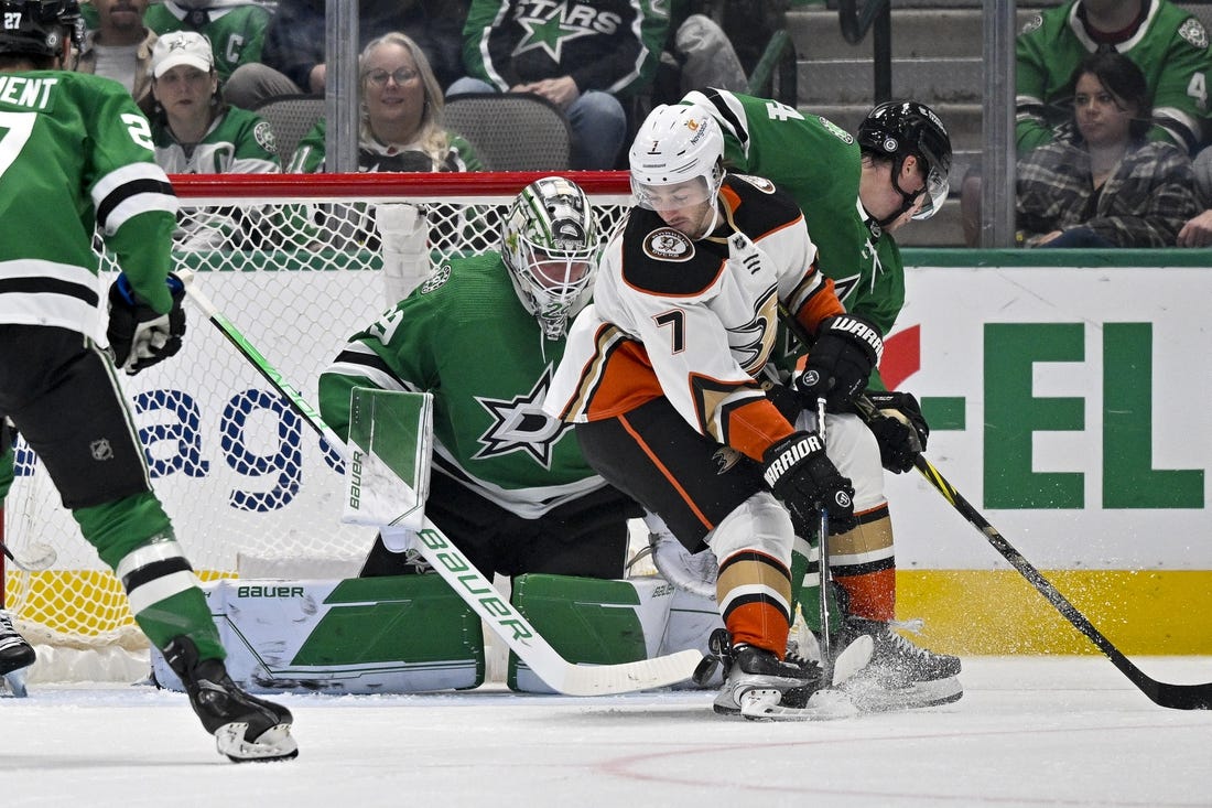 Feb 6, 2023; Dallas, Texas, USA; Dallas Stars goaltender Jake Oettinger (29) stops a shot by Anaheim Ducks center Jayson Megna (7) during the second period at the American Airlines Center. Mandatory Credit: Jerome Miron-USA TODAY Sports