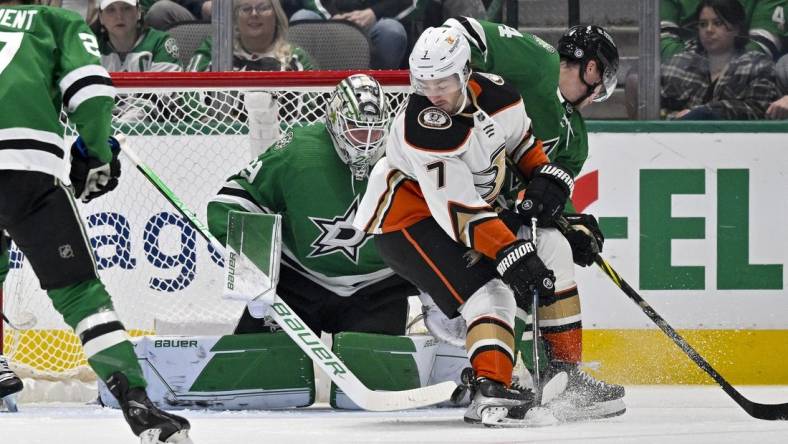 Feb 6, 2023; Dallas, Texas, USA; Dallas Stars goaltender Jake Oettinger (29) stops a shot by Anaheim Ducks center Jayson Megna (7) during the second period at the American Airlines Center. Mandatory Credit: Jerome Miron-USA TODAY Sports