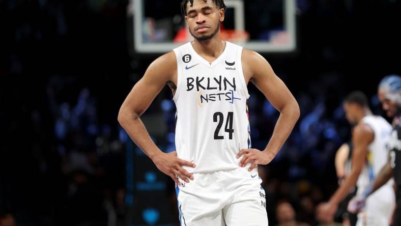 Feb 6, 2023; Brooklyn, New York, USA; Brooklyn Nets guard Cam Thomas (24) reacts during the fourth quarter against the Los Angeles Clippers at Barclays Center. Mandatory Credit: Brad Penner-USA TODAY Sports