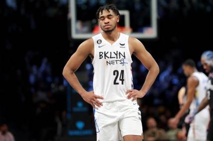 Feb 6, 2023; Brooklyn, New York, USA; Brooklyn Nets guard Cam Thomas (24) reacts during the fourth quarter against the Los Angeles Clippers at Barclays Center. Mandatory Credit: Brad Penner-USA TODAY Sports