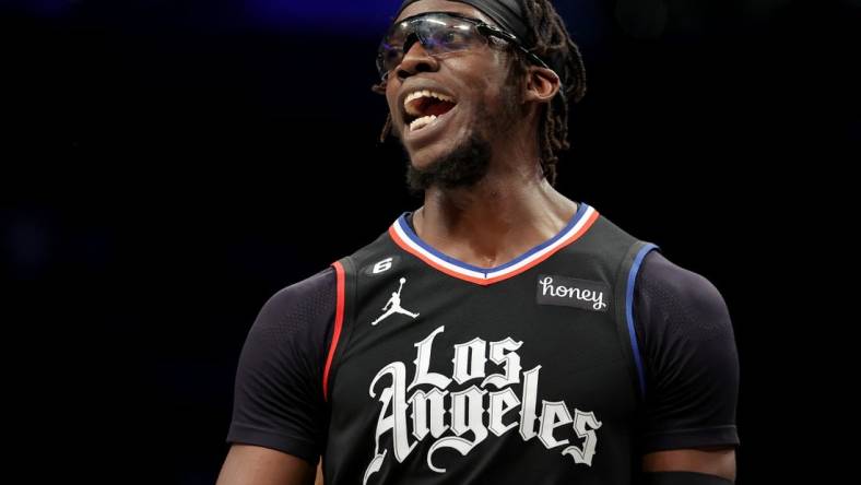 Feb 6, 2023; Brooklyn, New York, USA; Los Angeles Clippers guard Reggie Jackson (1) reacts during the fourth quarter against the Brooklyn Nets at Barclays Center. Mandatory Credit: Brad Penner-USA TODAY Sports