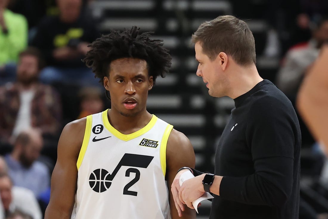 Feb 6, 2023; Salt Lake City, Utah, USA; Utah Jazz guard Collin Sexton (2) and head coach Will Hardy (right) speak during a break in action against the Dallas Mavericks at Vivint Arena. Mandatory Credit: Rob Gray-USA TODAY Sports