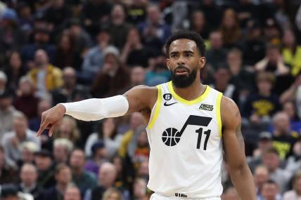 Feb 6, 2023; Salt Lake City, Utah, USA; Utah Jazz guard Mike Conley (11) calls a play against the Dallas Mavericks in the fourth quarter at Vivint Arena. Mandatory Credit: Rob Gray-USA TODAY Sports