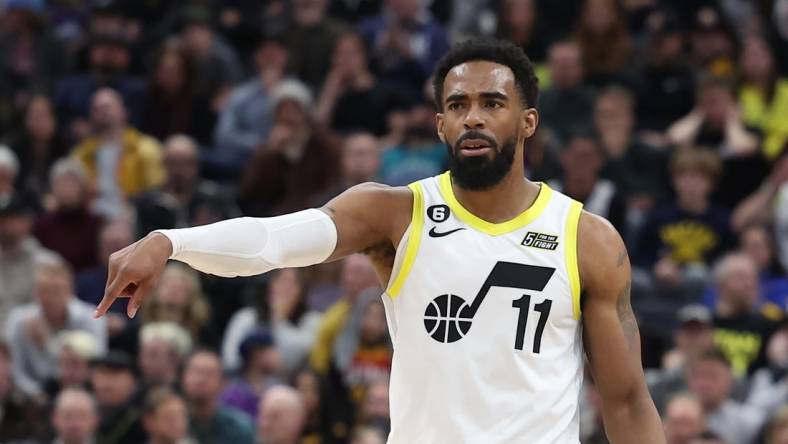 Feb 6, 2023; Salt Lake City, Utah, USA; Utah Jazz guard Mike Conley (11) calls a play against the Dallas Mavericks in the fourth quarter at Vivint Arena. Mandatory Credit: Rob Gray-USA TODAY Sports