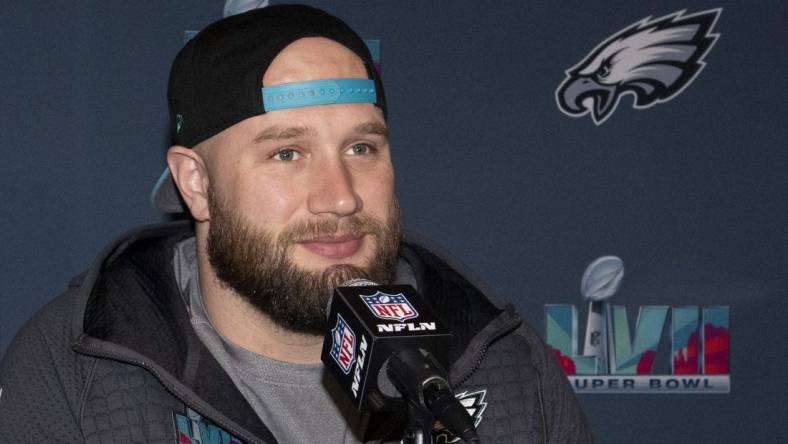 Philadelphia Eagles offensive tackle Lane Johnson (65) answers questions from the media during team availability at Sheraton Grand at Wild Horse Pass in Phoenix on Feb. 7, 2023.

Nfl Eagles Media