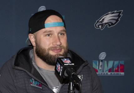 Philadelphia Eagles offensive tackle Lane Johnson (65) answers questions from the media during team availability at Sheraton Grand at Wild Horse Pass in Phoenix on Feb. 7, 2023.

Nfl Eagles Media