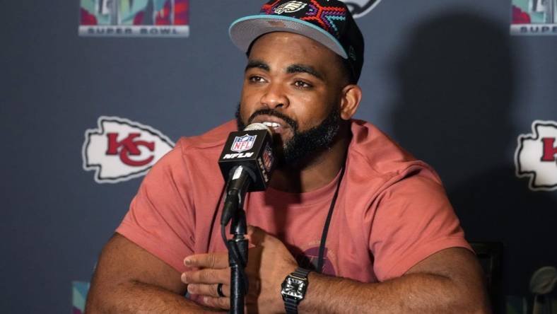 Philadelphia Eagles defensive end Brandon Graham (55) answers questions from the media during team availability at Sheraton Grand at Wild Horse Pass in Phoenix on Feb. 7, 2023.

Nfl Eagles Media