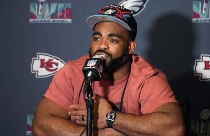 Philadelphia Eagles defensive end Brandon Graham (55) answers questions from the media during team availability at Sheraton Grand at Wild Horse Pass in Phoenix on Feb. 7, 2023.

Nfl Eagles Media