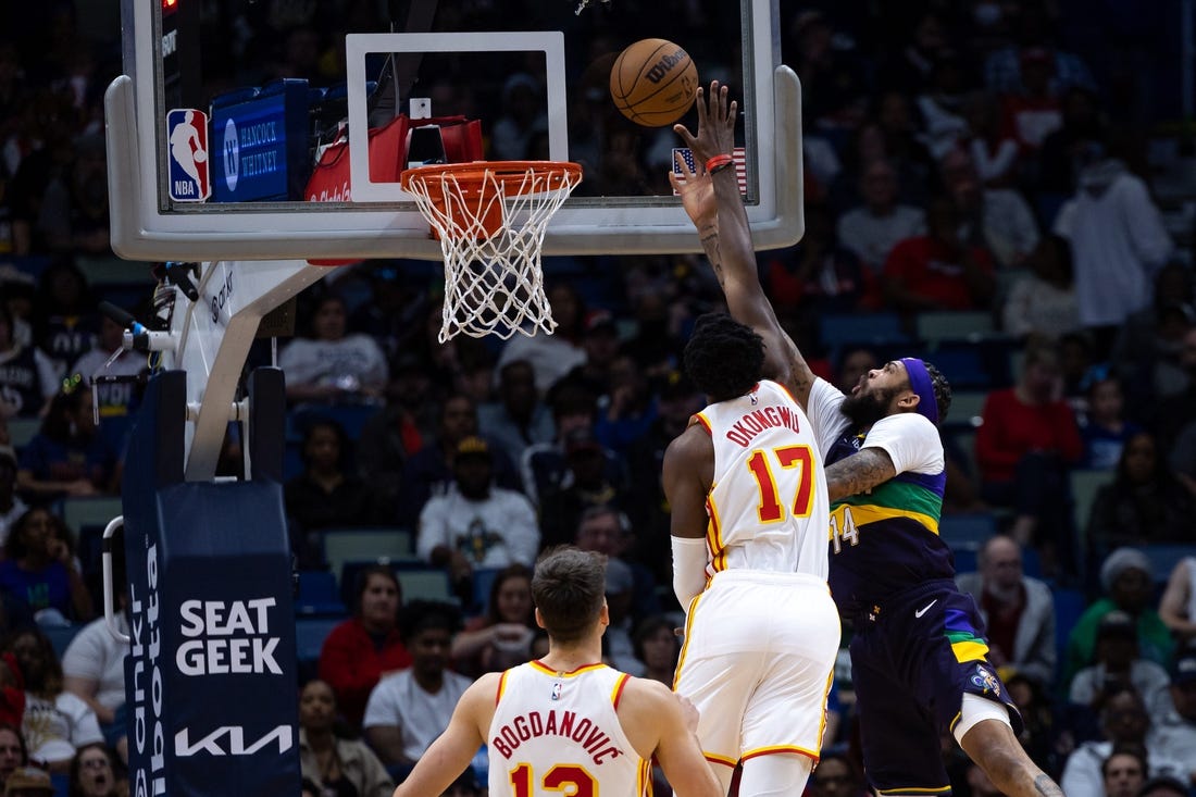 Feb 7, 2023; New Orleans, Louisiana, USA;  New Orleans Pelicans forward Brandon Ingram (14) drives to the basket against Atlanta Hawks forward Onyeka Okongwu (17) during the first half at Smoothie King Center. Mandatory Credit: Stephen Lew-USA TODAY Sports