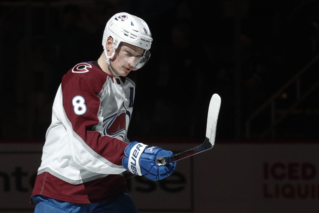 Feb 7, 2023; Pittsburgh, Pennsylvania, USA;  Colorado Avalanche defenseman Cale Makar (8) takes the ice to play the Pittsburgh Penguins at PPG Paints Arena. The Penguins won 2-1 in overtime. Mandatory Credit: Charles LeClaire-USA TODAY Sports