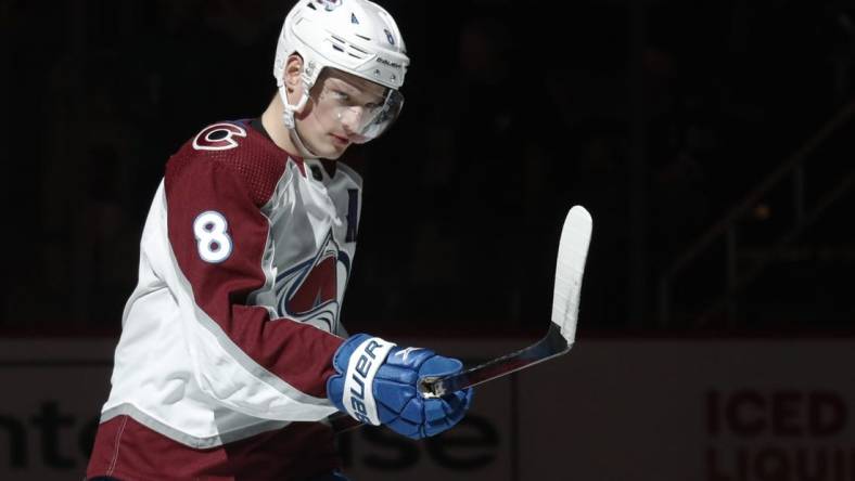 Feb 7, 2023; Pittsburgh, Pennsylvania, USA;  Colorado Avalanche defenseman Cale Makar (8) takes the ice to play the Pittsburgh Penguins at PPG Paints Arena. The Penguins won 2-1 in overtime. Mandatory Credit: Charles LeClaire-USA TODAY Sports