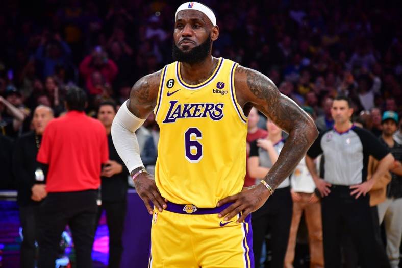 Feb 7, 2023; Los Angeles, California, USA; Los Angeles Lakers forward LeBron James (6) reacts after breaking the NBA all time scoring record against the Oklahoma City Thunder during the second half at Crypto.com Arena. Mandatory Credit: Gary A. Vasquez-USA TODAY Sports