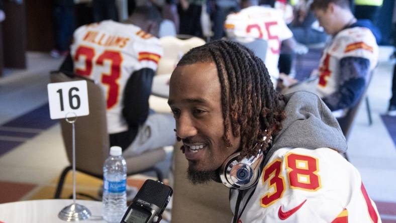 Kansas City Chiefs cornerback L'Jarius Sneed (38) answers questions from the media during team availability at Hyatt Regency Scottsdale Resort and Spa at Gainey Ranch in Scottsdale on Feb. 8, 2023.

Nfl Kansas City Chiefs Media Availability