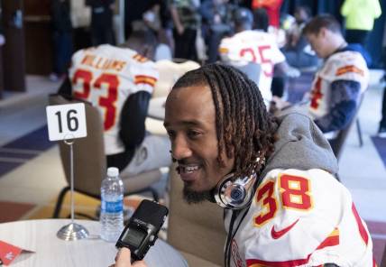 Kansas City Chiefs cornerback L'Jarius Sneed (38) answers questions from the media during team availability at Hyatt Regency Scottsdale Resort and Spa at Gainey Ranch in Scottsdale on Feb. 8, 2023.

Nfl Kansas City Chiefs Media Availability