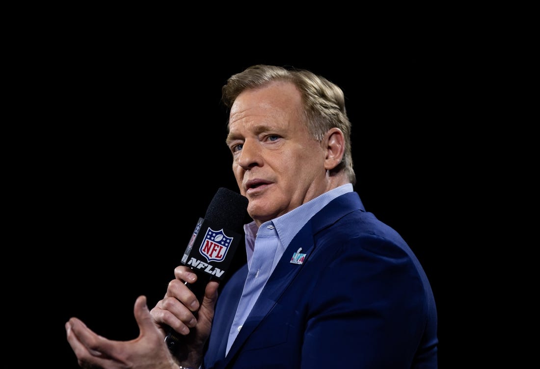 Feb 8, 2023; Phoenix, AZ, USA; NFL commissioner Roger Goodell speaks to the media during a press conference at Phoenix Convention Center prior to Super Bowl LVII. Mandatory Credit: Mark J. Rebilas-USA TODAY Sports