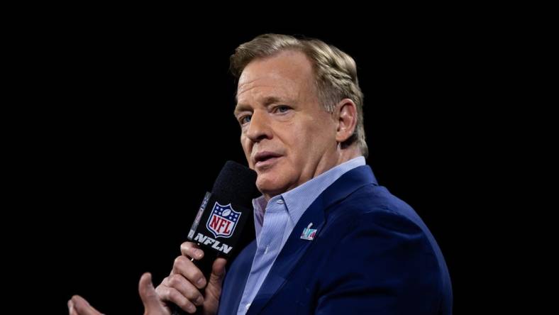 Feb 8, 2023; Phoenix, AZ, USA; NFL commissioner Roger Goodell speaks to the media during a press conference at Phoenix Convention Center prior to Super Bowl LVII. Mandatory Credit: Mark J. Rebilas-USA TODAY Sports