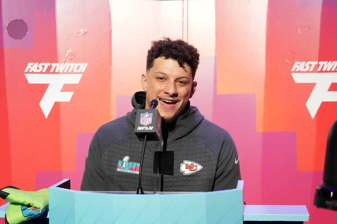 Feb 6, 2023; Phoenix, AZ, USA; Kansas City Chiefs quarterback Patrick Mahomes (15) speaks with media during Super Bowl Opening Night at Footprint Center. Mandatory Credit: Kirby Lee-USA TODAY Sports