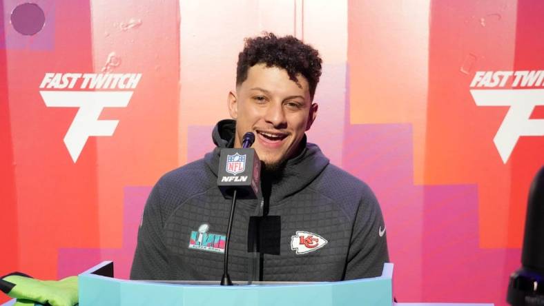 Feb 6, 2023; Phoenix, AZ, USA; Kansas City Chiefs quarterback Patrick Mahomes (15) speaks with media during Super Bowl Opening Night at Footprint Center. Mandatory Credit: Kirby Lee-USA TODAY Sports