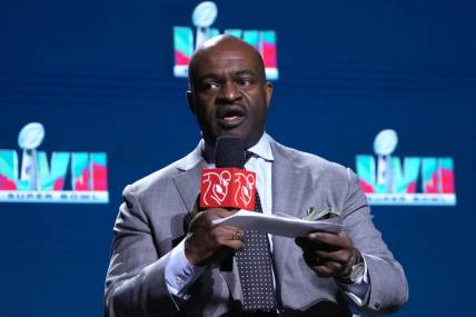 Feb 8, 2023; Phoenix, AZ, USA; NFL Players Association executive director DeMaurice Smith speaks during the NFLPA press conference at the Phoenix Convention Center. Mandatory Credit: Kirby Lee-USA TODAY Sports