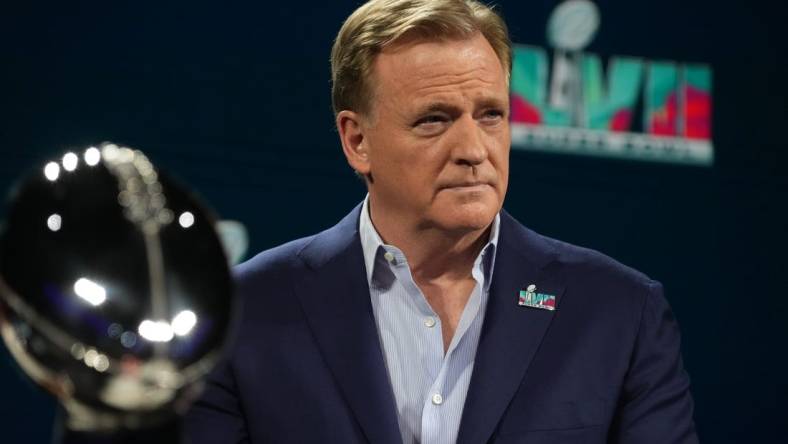 Feb 8, 2023; Phoenix, AZ, USA; NFL Commissioner Roger Goodell talks to media during a press conference at Media Center. Mandatory Credit: Kirby Lee-USA TODAY Sports