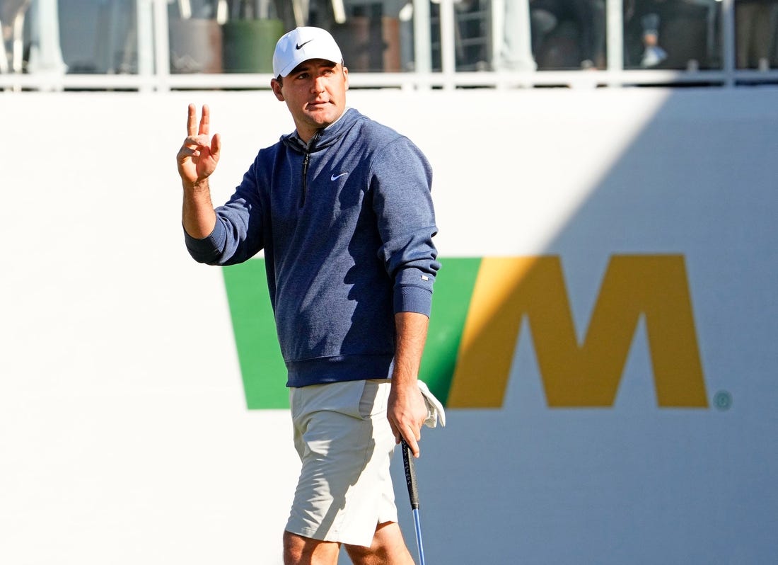 Feb 8, 2023; Scottsdale, AZ, USA; Defending champion Scottie Scheffler reacts after making his putt on the 16th hole in the Annexus Pro-Am during the WM Phoenix Open at TPC Scottsdale. Mandatory Credit: Rob Schumacher-Arizona Republic

Pga Wm Phoenix Open Pro Am