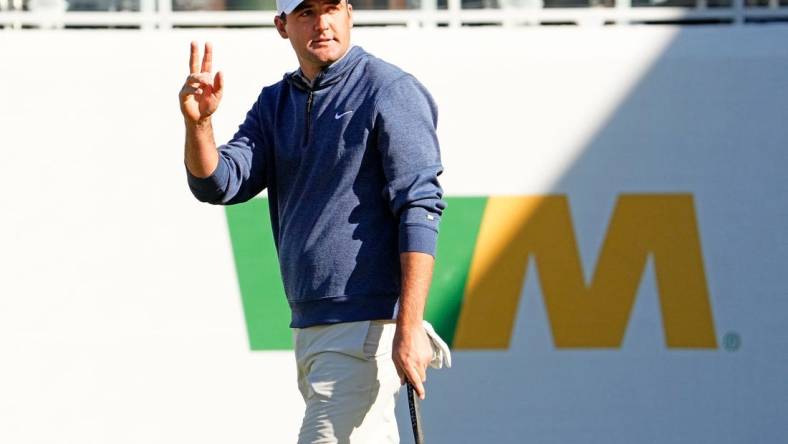 Feb 8, 2023; Scottsdale, AZ, USA; Defending champion Scottie Scheffler reacts after making his putt on the 16th hole in the Annexus Pro-Am during the WM Phoenix Open at TPC Scottsdale. Mandatory Credit: Rob Schumacher-Arizona Republic

Pga Wm Phoenix Open Pro Am