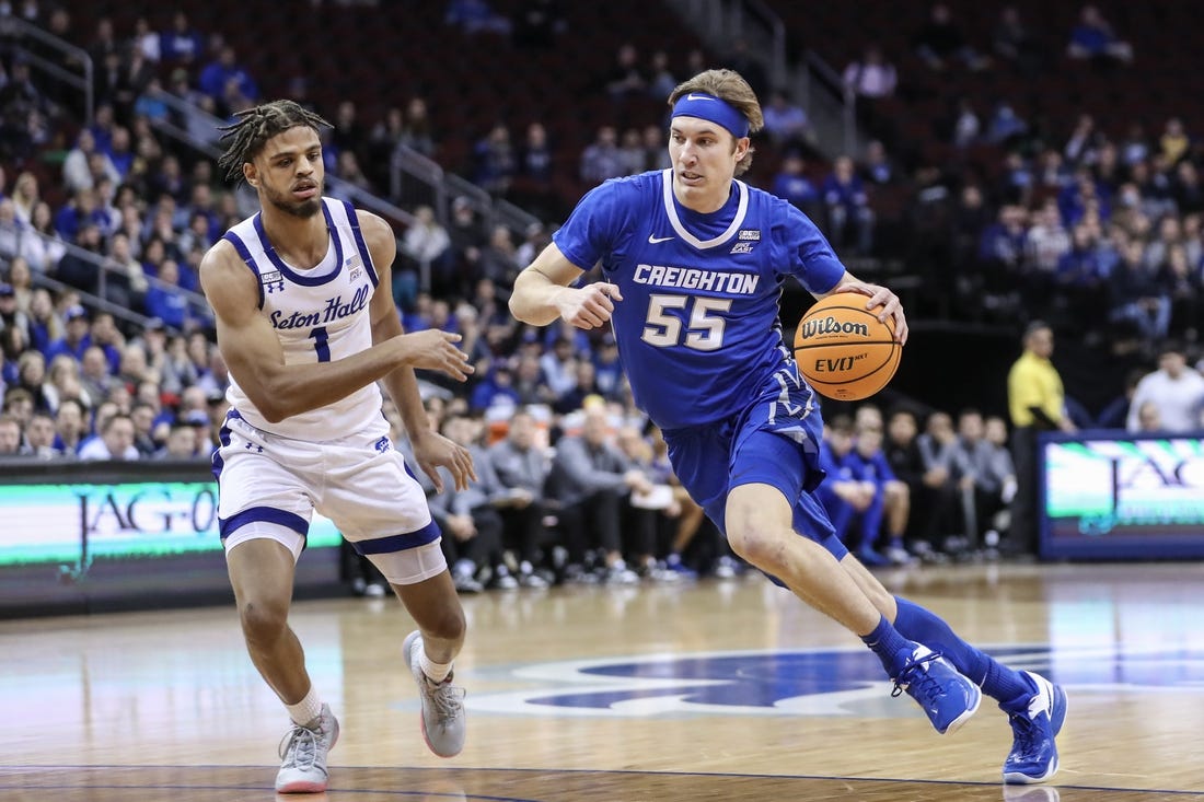 Feb 8, 2023; Newark, New Jersey, USA;  Creighton Bluejays guard Baylor Scheierman (55) looks to drive past Seton Hall Pirates forward Tray Jackson (1) in the first half at Prudential Center. Mandatory Credit: Wendell Cruz-USA TODAY Sports