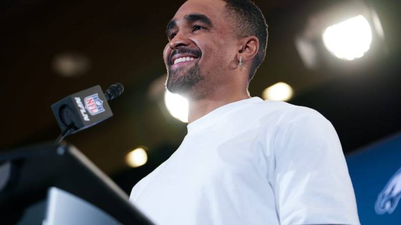 Jalen Hurts, Eagles quarterback, answers questions from journalists during a press conference at the Sheraton Grand at Wild Horse Pass on Wednesday, Feb. 8, 2023, in Phoenix.

Dsc00225 1copy