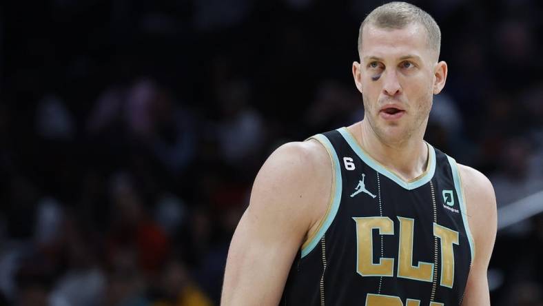 Feb 8, 2023; Washington, District of Columbia, USA; Charlotte Hornets center Mason Plumlee (24) stands on the court against the Washington Wizards in the fourth quarter at Capital One Arena. Mandatory Credit: Geoff Burke-USA TODAY Sports