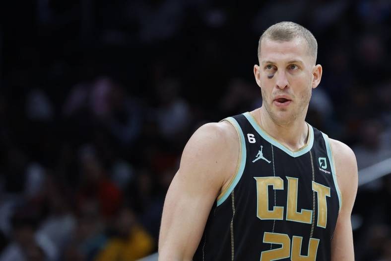 Feb 8, 2023; Washington, District of Columbia, USA; Charlotte Hornets center Mason Plumlee (24) stands on the court against the Washington Wizards in the fourth quarter at Capital One Arena. Mandatory Credit: Geoff Burke-USA TODAY Sports