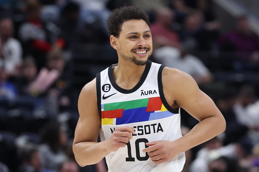 Feb 8, 2023; Salt Lake City, Utah, USA; Minnesota Timberwolves guard Bryn Forbes (10) reacts to making a three point shot against the Utah Jazz in the fourth quarter at Vivint Arena. Mandatory Credit: Rob Gray-USA TODAY Sports