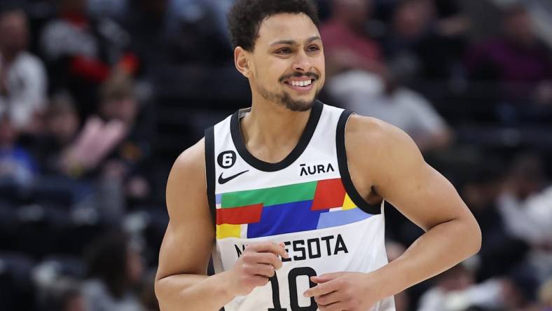 Feb 8, 2023; Salt Lake City, Utah, USA; Minnesota Timberwolves guard Bryn Forbes (10) reacts to making a three point shot against the Utah Jazz in the fourth quarter at Vivint Arena. Mandatory Credit: Rob Gray-USA TODAY Sports