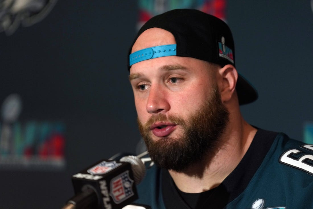 Feb 9, 2023; Scottsdale, AZ, USA; Lane Johnson of the Philadelphia Eagles speaks during a Super Bowl LVII press conference at Sheraton Grand at Wild Horse Pass. Mandatory Credit: Joe Camporeale-USA TODAY Sports