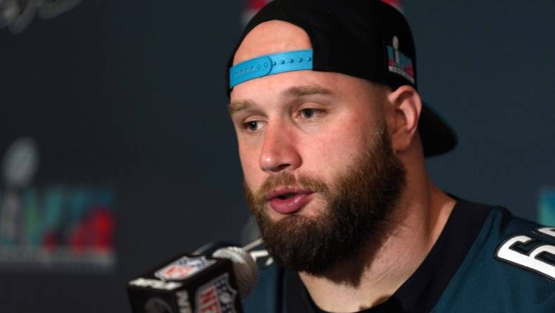 Feb 9, 2023; Scottsdale, AZ, USA; Lane Johnson of the Philadelphia Eagles speaks during a Super Bowl LVII press conference at Sheraton Grand at Wild Horse Pass. Mandatory Credit: Joe Camporeale-USA TODAY Sports