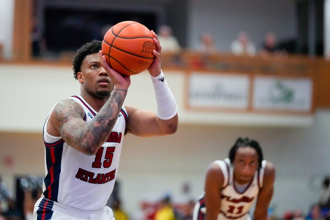 Feb 9, 2023; Boca Raton, Florida, USA; Florida Atlantic Owls guard Alijah Martin (15) takes a free throw against the Rice Owls during the second half at Eleanor R. Baldwin Arena. Mandatory Credit: Rich Storry-USA TODAY Sports