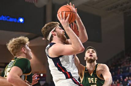 Feb 9, 2023; Spokane, Washington, USA; Gonzaga Bulldogs forward Drew Timme (2) is fouled on the shot by ]s5 in the first half at McCarthey Athletic Center. Mandatory Credit: James Snook-USA TODAY Sports