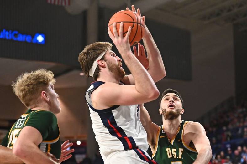 Feb 9, 2023; Spokane, Washington, USA; Gonzaga Bulldogs forward Drew Timme (2) is fouled on the shot by ]s5 in the first half at McCarthey Athletic Center. Mandatory Credit: James Snook-USA TODAY Sports