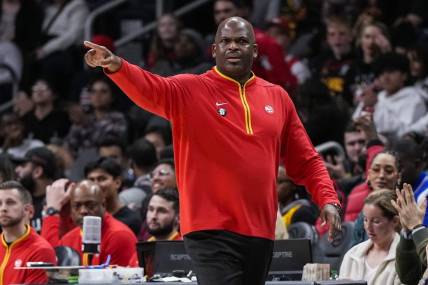 Feb 9, 2023; Atlanta, Georgia, USA; Atlanta Hawks head coach Nate McMillan reacts to a call during the game against the Phoenix Suns during the second half at State Farm Arena. Mandatory Credit: Dale Zanine-USA TODAY Sports