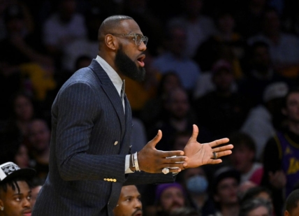 Feb 9, 2023; Los Angeles, California, USA;   Los Angeles Lakers forward LeBron James (6) reacts on the bench after a foul call in the first half against the Milwaukee Bucks at Crypto.com Arena. Mandatory Credit: Jayne Kamin-Oncea-USA TODAY Sports