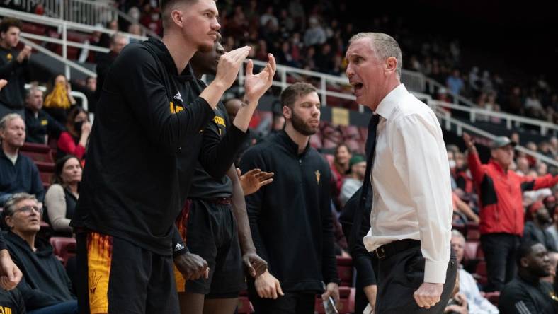 Feb 9, 2023; Stanford, California, USA;  Arizona State Sun Devils head coach Bobby Hurley reacts during the second half against the Stanford Cardinal at Maples Pavilion. Mandatory Credit: Stan Szeto-USA TODAY Sports