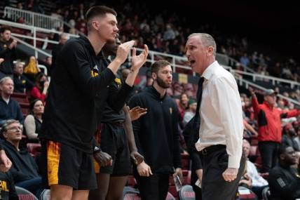 Feb 9, 2023; Stanford, California, USA;  Arizona State Sun Devils head coach Bobby Hurley reacts during the second half against the Stanford Cardinal at Maples Pavilion. Mandatory Credit: Stan Szeto-USA TODAY Sports