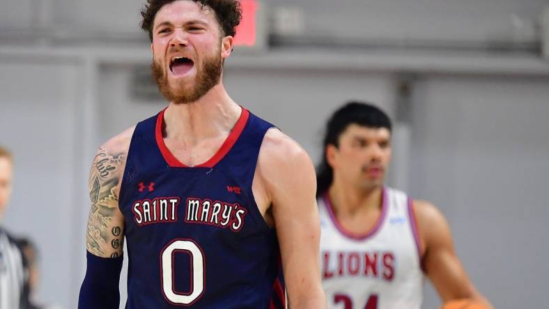 Feb 9, 2023; Los Angeles, California, USA; St. Mary's Gaels guard Logan Johnson (0) reacts against the Loyola Marymount Lions during the second half at Gersten Pavilion. Mandatory Credit: Gary A. Vasquez-USA TODAY Sports