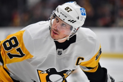 Feb 10, 2023; Anaheim, California, USA; Pittsburgh Penguins center Sidney Crosby (87) before the face off against the Anaheim Ducks during the first period at Honda Center. Mandatory Credit: Gary A. Vasquez-USA TODAY Sports