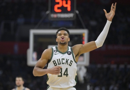 Feb 10, 2023; Los Angeles, California, USA;   Milwaukee Bucks forward Giannis Antetokounmpo (34) reacts to the crowd after a basket in the fourth quarter against the Los Angeles Clippers at Crypto.com Arena. Mandatory Credit: Jayne Kamin-Oncea-USA TODAY Sports